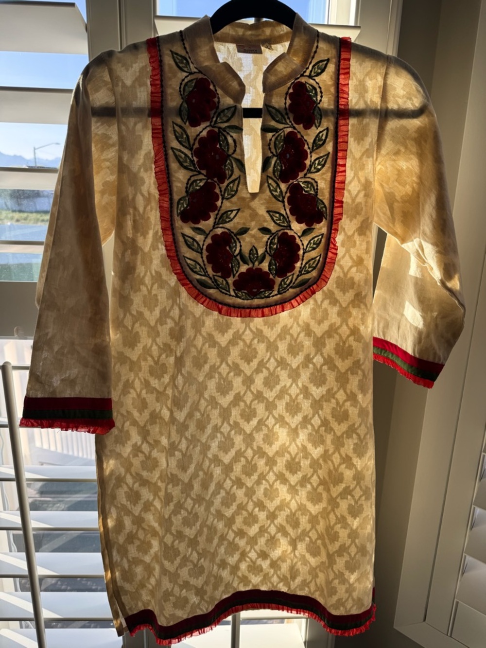 Gorgeous Cream Embroidered Indian Kurta Tunic Top with Red Floral Appliqué